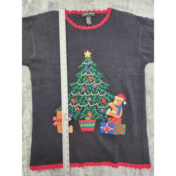 Vintage Work in Progress Embroidered Beaded Christmas Tree Sweater Size M Black - Picture 8 of 9